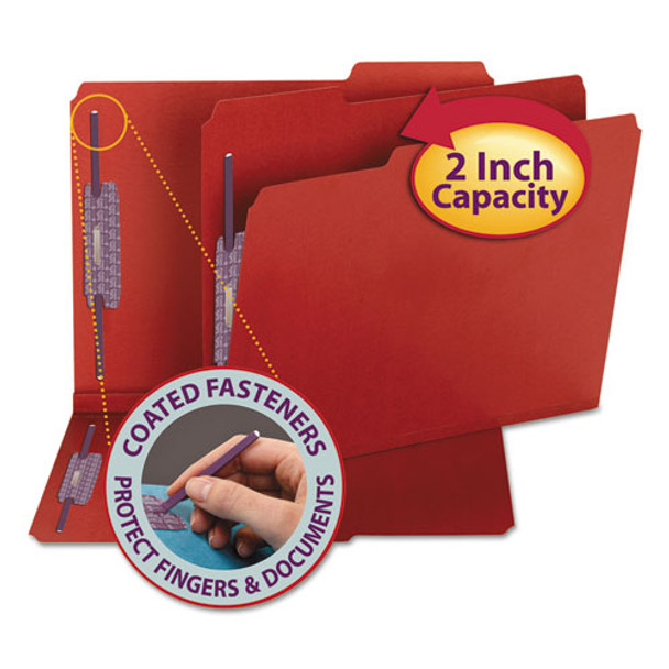 Colored Pressboard Folders With Two Safeshield Coated Fasteners, 1/3-cut Tabs, Letter Size, Bright Red, 25/box