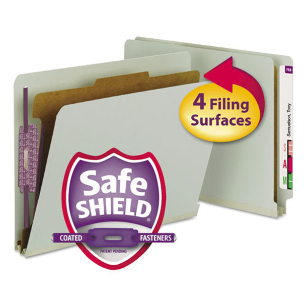 End Tab Pressboard Classification Folders With Safeshield Coated Fasteners, 1 Divider, Letter Size, Gray-green, 10/box