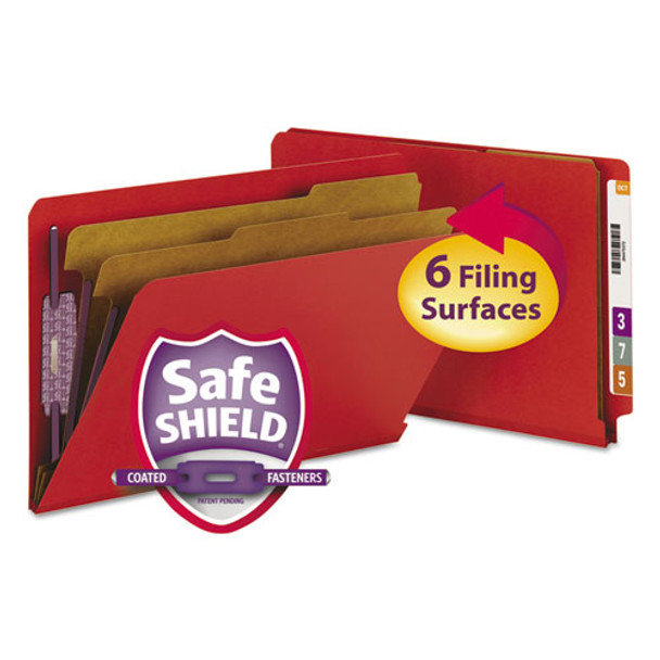 End Tab Pressboard Classification Folders With Safeshield Fasteners, 2 Dividers, Legal Size, Bright Red, 10/box