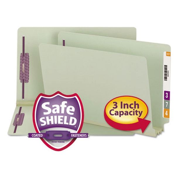 End Tab 3" Expansion Pressboard File Folders With Two Safeshield Coated Fasteners, Straight Tab, Legal, Gray-green, 25/box