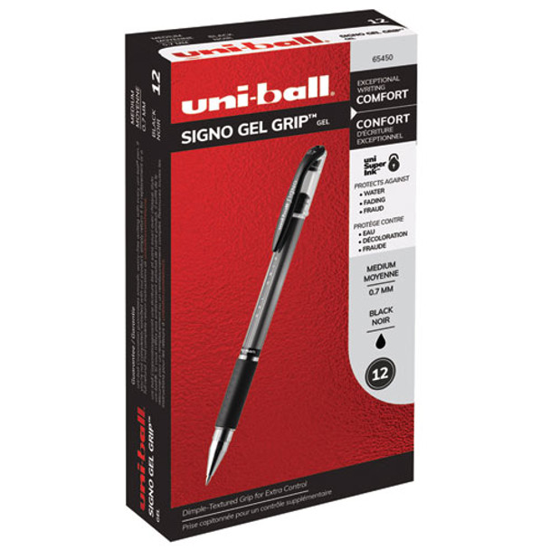 Signo Grip Stick Gel Pen, 0.7mm, Black Ink, Silver/black Barrel, Dozen