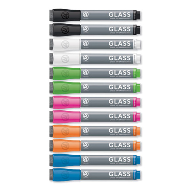 Bullet Tip Low-odor Liquid Glass Markers With Erasers, Assorted Colors, 12/pack