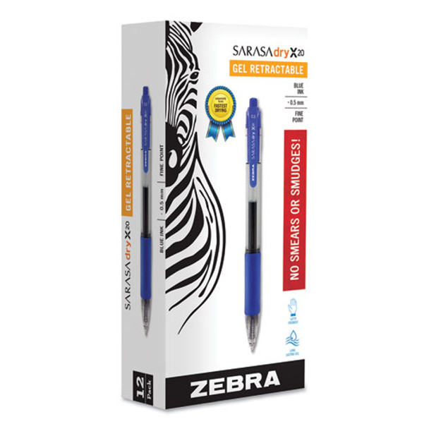 Sarasa Dry Gel X20 Retractable Gel Pen, Fine 0.5mm, Blue Ink, Translucent Blue Barrel, Dozen