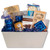 Company color themed gift basket presentation filled with candy, cookies, and other snacks Company color themed gift basket presentation filled with candy, cookies, and other snacks