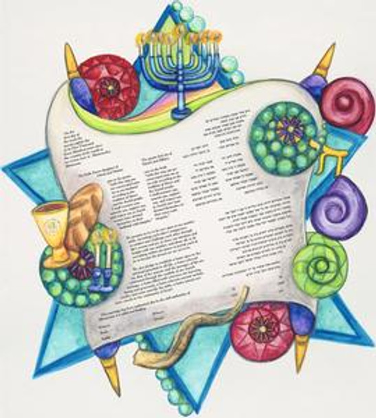 Personalized Ketubah with Hebrew names, dates, place, and artwork that reflects love for one another and Jewish faith