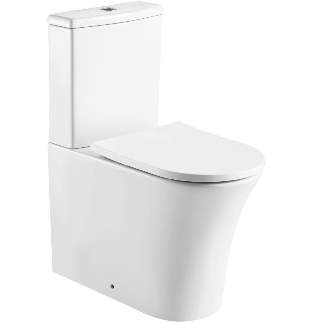Rimless Flush To Wall Close Coupled Toilet Pan, Cistern & Soft Close Sandwich Seat 806mm X 375mm X 612mm