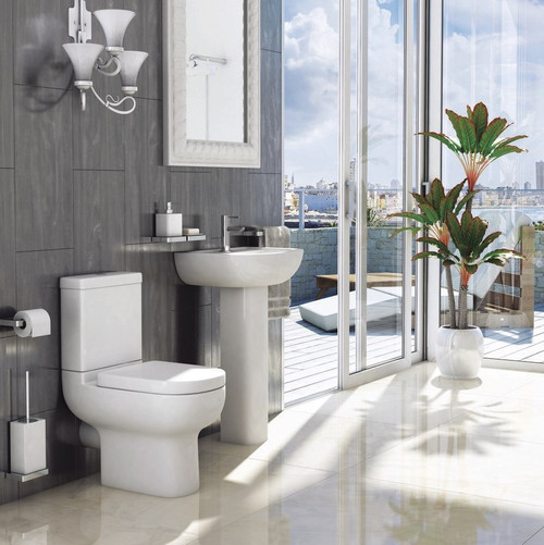 Studio 4 Piece Set including 550mm 1 Tap Hole Basin and Pedestal with a Close Coupled Pan, Cistern and Soft Close Seat 