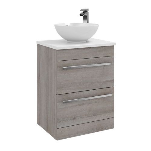 Purity 600mm Floor Standing 2 Drawer Unit with Ceramic Worktop & Sit on Bowl - Silver Oak 