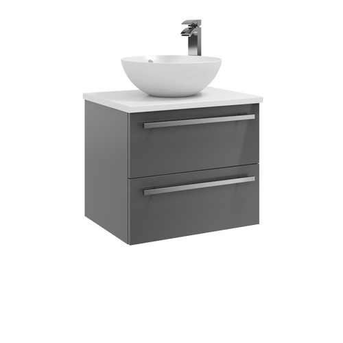 Purity 600mm Wall Mounted 2 Drawer Unit with Ceramic Worktop & Sit On Bowl - Storm Grey Gloss 