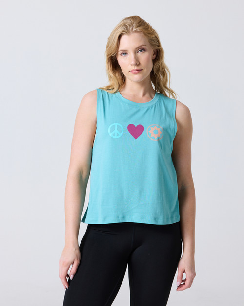 CLUB PILATES - HI LO TANK - TURQ PEACE LOVE CP