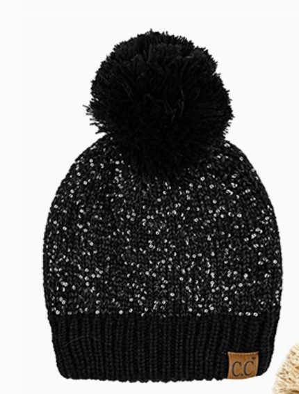 SEQUIN CUFF POM HAT - BLACK