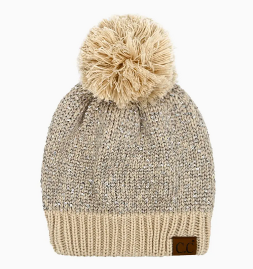 SEQUIN CUFF POM HAT- BEIGE