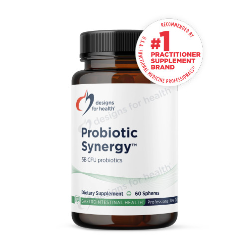 Designs for Health Probiotic Synergy amber bottle with black cap, 60 spheres