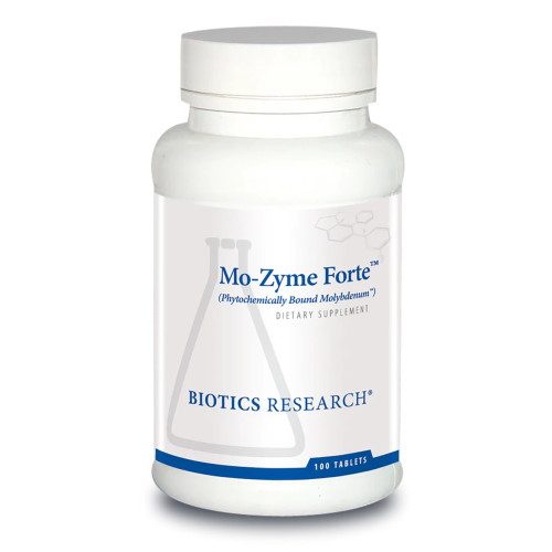 Biotics Research Mo-Zyme Forte molybdenum dietary supplement, 100-tablet bottle.