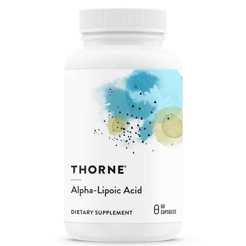 Thorne Alpha-Lipoic Acid white bottle with blue and green label, 60 capsules