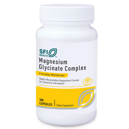 SFI Health Magnesium Glycinate Complex white bottle with yellow label, 100 capsules