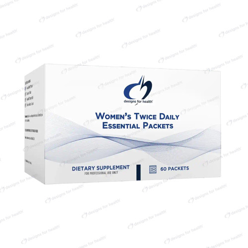 Designs for Health Women's Twice Daily Essential Packets, white and blue box labeled 60 packets