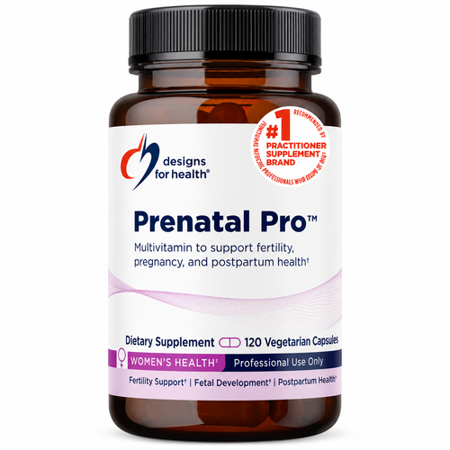 Designs for Health Prenatal Pro amber bottle with black cap, 120 vegetarian capsules