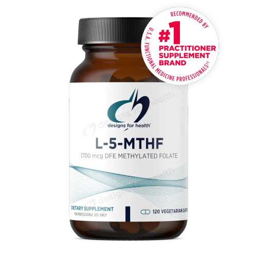 Designs for Health L-5-MTHF 1700 mcg DFE bottle, 120 vegetarian capsules, with black cap