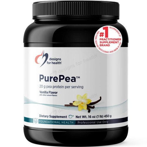 Designs for Health PurePea vanilla protein powder in a black tub, 450 g (1 lb)