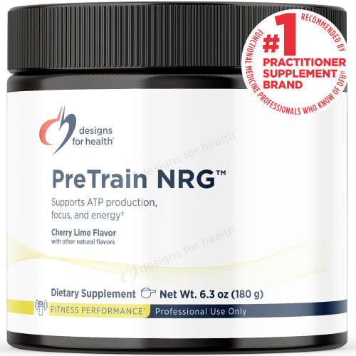 Designs for Health PreTrain NRG cherry-lime powder, 180 g (6.3 oz) tub with black lid