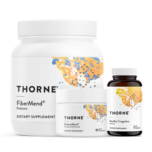 Thorne Gut Health Bundle with FiberMend and EnteroMend powder tubs and a 60-capsule Bacillus Coagulans bottle