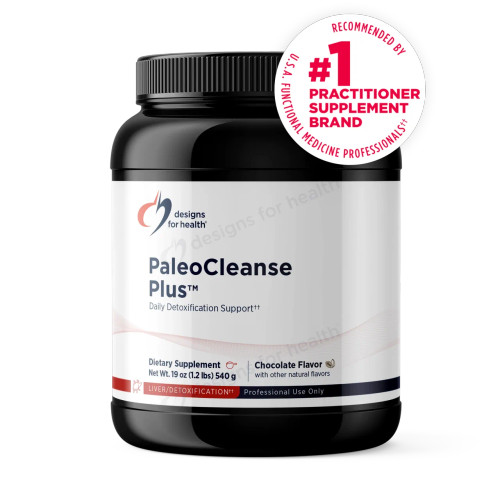 Designs for Health PaleoCleanse Plus chocolate powder, black tub labeled 540 g (1.2 lbs)