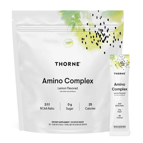 Thorne Amino Complex lemon-flavored powder, resealable bag of 30 stick packs with one stick pack shown