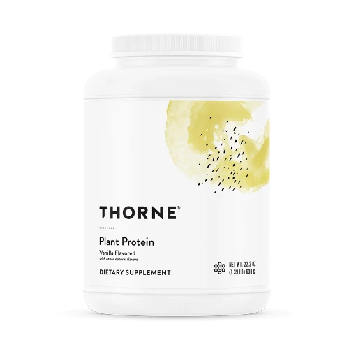 Thorne Plant Protein Vanilla Flavored powder in a white 630 g tub