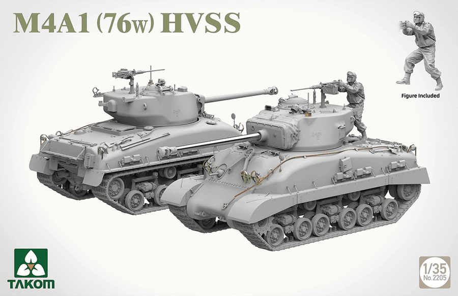 TAKOM TAK2205 - 1:35 M4A1 (76w) HVSS Sherman - Kit de modélisation en plastique avec pièces de photo - Canon en métal, chaînes à maillons individuels, figurine et 4 options de marquage