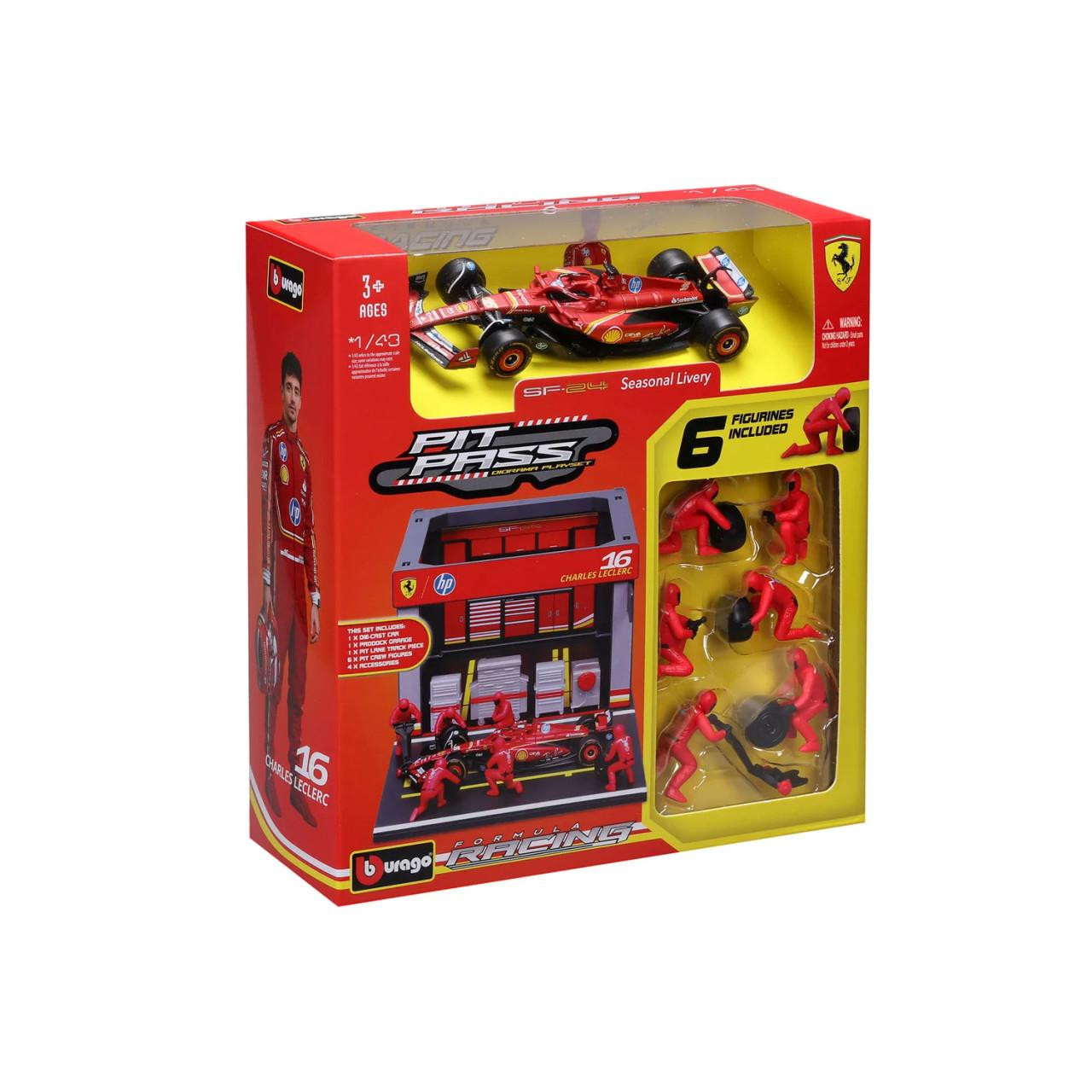 Burago 1/43 F1 Ferrari SF-24 Charles Leclerc Pit Pass Diorama