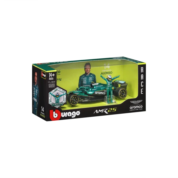 Burago 1/24 F1 Aston Martin AMR25 2025 with Driver Figure - Fernando Alonso Diecast Model