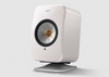 KEF LSX II LT Wireless Bookshelf Speakers  in Stone White with P1 Desk Pad