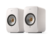 KEF LSX II Wireless Powered Bookshelf Speakers in Cotton White. Front, angled