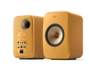 KEF LSX II Wireless Powered Bookshelf Speakers in Amber Haze. Back and Front, angled 