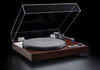 Dual CS-618Q Semi-Automatic Turntable in Walnut with Dustcover up.  