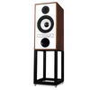 Mission 770 Speakers in Walnut. Individual speaker shown, angled, without grille and on Mission 770 Speaker Stand 
