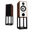 Mission 770 Speakers in Walnut  pair shown without grilles and on Mission 770 Speaker Stands 