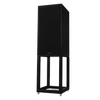 Mission 770 Speakers in Black Oak. Individual speaker shown with grille and on Mission 770 Speaker Stand 