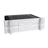 Bryston 4B Cubed Dual-Mono Amplifier with 19 inch faceplate in silver and angled to the right
