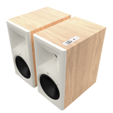 Klipsch The Nines II Powered Speakers in Red Oak, angled without grilles