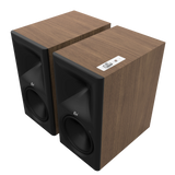 Klipsch The Nines II Powered Speakers in Walnut, angled without grilles