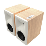 Klipsch The Sevens II Powered Speaker Pair in Red Oak, angled without grille