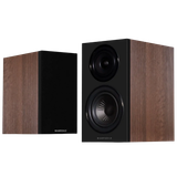 Wharfedale Diamond 12.0i Bookshelf Speaker pair shown in Walnut, with and without grille.