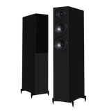 Wharfedale Diamond 12.3i Floorstanding Speaker Pair in Black.  Shown with and without Grille.