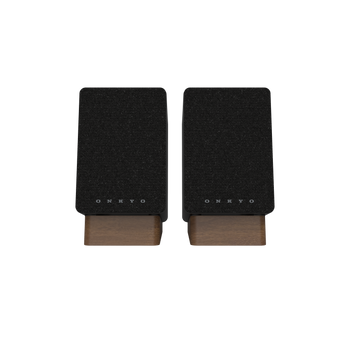 Onkyo GX-10DB Powered Speakers in Black pair.  Front view with grille
