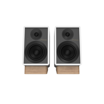 Onkyo GX-30ARC Powered Speakers in White, pair on stands without grille