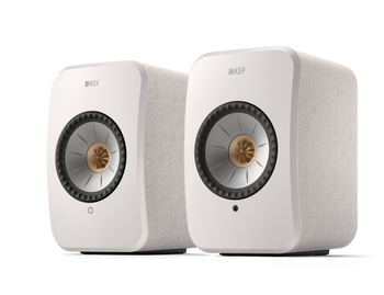KEF LSX II Wireless Powered Bookshelf Speakers in Cotton White. Front, angled