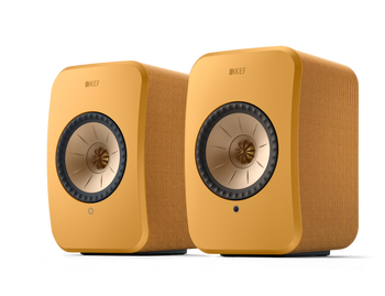 KEF LSX II Wireless Powered Bookshelf Speakers in Amber Haze. Front, angled 