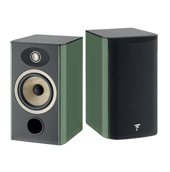 Focal Aria EVO X N° 1 Bookshelf Speaker air in Moss Green.  Image shows one speaker without Grille and one with Grille